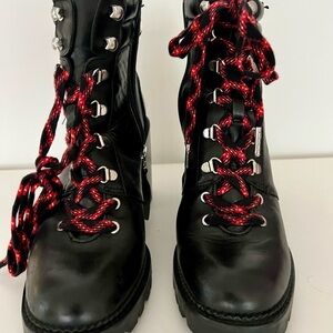 Sam Edelman (Chanel Version) Black Leather Boots with Red Laces, chunky Heel